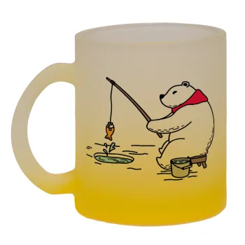 Bear fishing, Κούπα γυάλινη δίχρωμη με βάση το κίτρινο ματ, 330ml