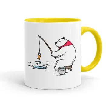 Bear fishing, Mug colored yellow, ceramic, 330ml