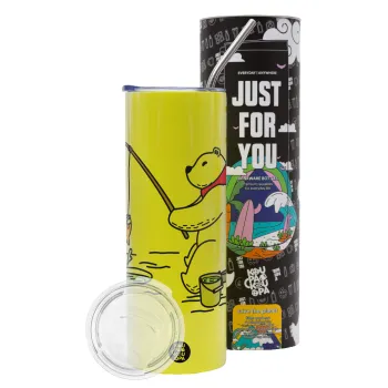 Αρκούδα ψαρεύει, Neon Yellow Travel Tumbler θερμό, μεταλλικό καλαμάκι(Ανωξείδωτο 304 Food grade, BPA free, 600ml)