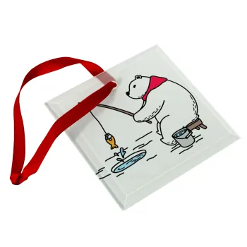 Αρκούδα ψαρεύει, Στολίδι Χριστουγεννιάτικο στολίδι γυάλινο τετράγωνο 9x9cm