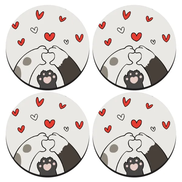 Cat paws — SET of 4 round wooden coasters (9cm)
