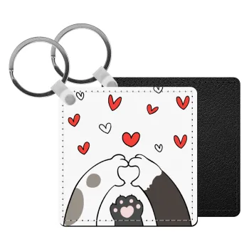 Cat paws, Μπρελόκ Δερματίνη, τετράγωνο ΜΑΥΡΟ (5x5cm)