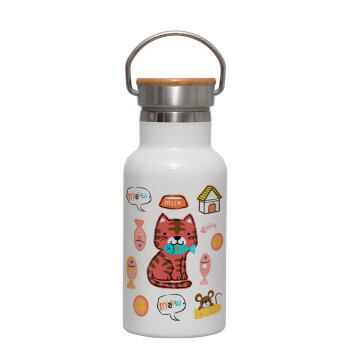 Cats and Fishes, Μεταλλικό παγούρι θερμός (Stainless steel) Λευκό με ξύλινο καπακι (bamboo), διπλού τοιχώματος, 350ml