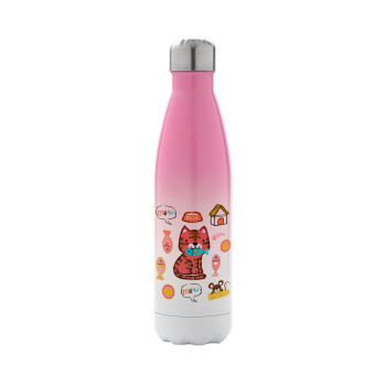 Cats and Fishes, Metal mug thermos Pink/White (Stainless steel), double wall, 500ml