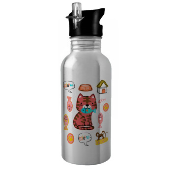 Cats and Fishes, Water bottle Silver with straw, stainless steel 600ml