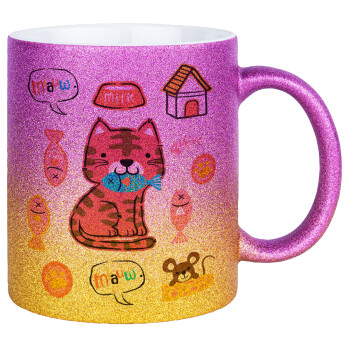 Cats and Fishes, Κούπα Χρυσή/Ροζ Glitter, κεραμική, 330ml