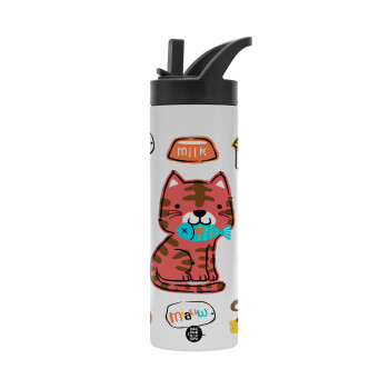 Cats and Fishes, Metallic thermos bottle with straw & handle, stainless steel (Stainless steel 304), double-walled, 600ml.
