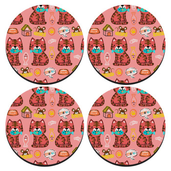 Cats and Fishes, SET of 4 round wooden coasters (9cm)