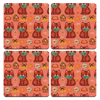 Cats and Fishes, ΣΕΤ x4 Σουβέρ ξύλινα τετράγωνα plywood (9cm)