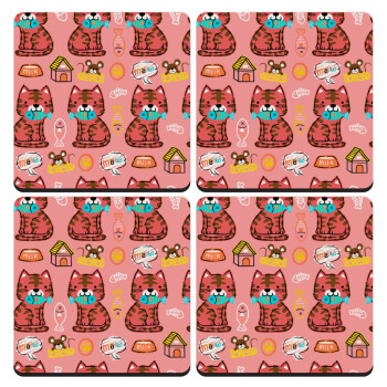 Cats and Fishes, ΣΕΤ 4 Σουβέρ ξύλινα τετράγωνα (9cm)