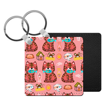 Cats and Fishes, Μπρελόκ Δερματίνη, τετράγωνο ΜΑΥΡΟ (5x5cm)