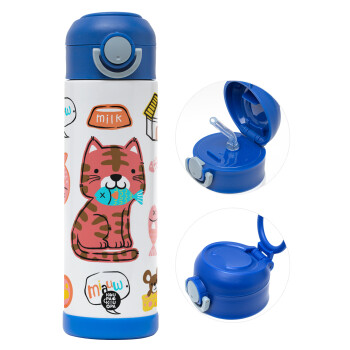 Cats and Fishes, Children's hot water bottle, stainless steel, with safety straw, BLUE (500ml)