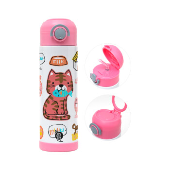 Cats and Fishes, Children's hot water bottle, stainless steel, with safety straw, PINK (500ml)