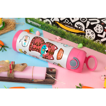 Cats and Fishes, Easter candle, Childrens hot water bottle, stainless steel, with safety straw, PINK (500ml)