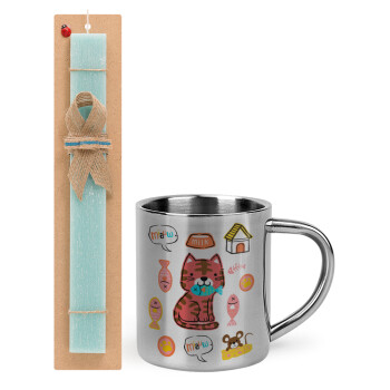 Cats and Fishes, Easter Set, metallic thermal cup (300ml) & aromatic flat Easter candle (30cm) (TURQUOISE)