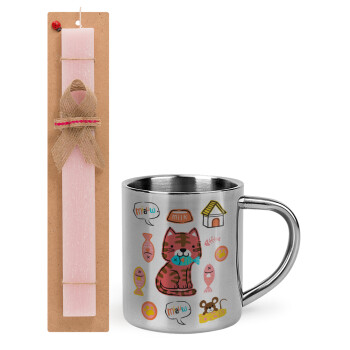 Cats and Fishes, Easter Set, metallic thermal cup (300ml) & aromatic flat Easter candle (30cm) (PINK)