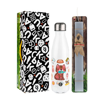 Cats and Fishes, Easter candle, metallic white thermos bottle (500ml) & aromatic flat candle (30cm) (GRAY)