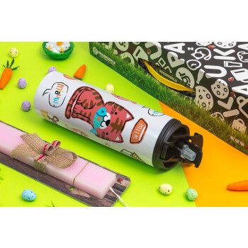 Cats and Fishes, Easter candle,Travel Tumbler 2 Lids, with metal straw & cleaning brush & aromatic flat candle (30cm) (PINK)