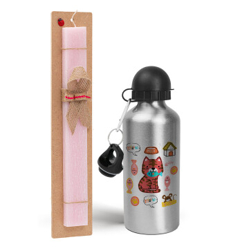 Cats and Fishes, Easter Set, metallic Silver aluminum water bottle (500ml) & scented flat Easter candle (30cm) (PINK)
