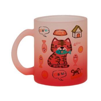 Cats and Fishes, Κούπα γυάλινη δίχρωμη με βάση το κόκκινο ματ, 330ml