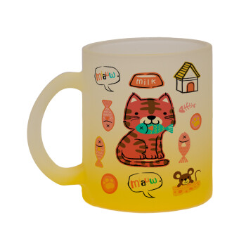 Cats and Fishes, Κούπα γυάλινη δίχρωμη με βάση το κίτρινο ματ, 330ml