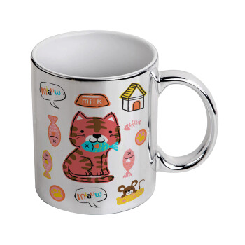 Cats and Fishes, Mug ceramic, silver mirror, 330ml