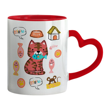 Cats and Fishes, Mug heart red handle, ceramic, 330ml