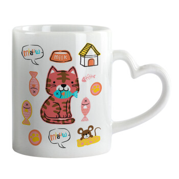 Cats and Fishes, Mug heart handle, ceramic, 330ml