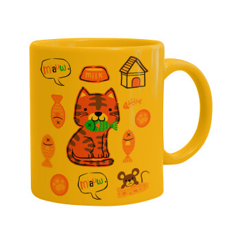 Cats and Fishes, Ceramic coffee mug yellow, 330ml (1pcs)
