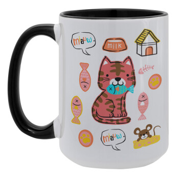 Cats and Fishes, Κούπα Mega 15oz, κεραμική Μαύρη, 450ml