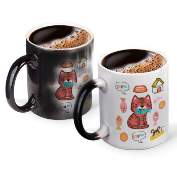 Cats and Fishes, Color changing magic Mug, ceramic, 330ml when adding hot liquid inside, the black colour desappears (1 pcs)