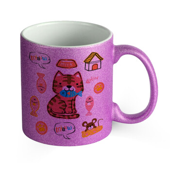 Cats and Fishes, Κούπα Μωβ Glitter που γυαλίζει, κεραμική, 330ml