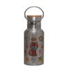 Stainless steel metallic thermos flask, silver with a bamboo lid, double-walled, 350ml.