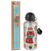 Easter Set, metallic silver aluminum water bottle (500ml) & scented flat Easter candle (30cm) (TURQUOISE)