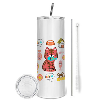 Cats and Fishes, Eco friendly stainless steel tumbler 600ml, with metal straw & cleaning brush