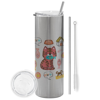 Cats and Fishes, Eco friendly stainless steel Silver tumbler 600ml, with metal straw & cleaning brush
