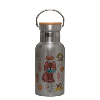 Cats and Fishes, Stainless steel metallic thermos flask, silver with a bamboo lid, double-walled, 350ml.
