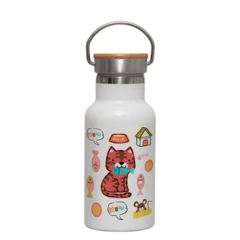 Cats and Fishes, Metallic thermos (Stainless steel) White with wooden lid (bamboo), double-walled, 350ml