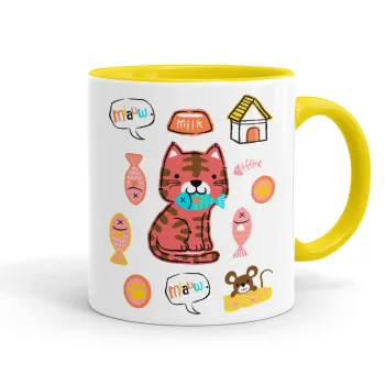 Cats and Fishes, Κούπα χρωματιστή κίτρινη, κεραμική, 330ml