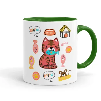 Cats and Fishes, Κούπα χρωματιστή πράσινη, κεραμική, 330ml