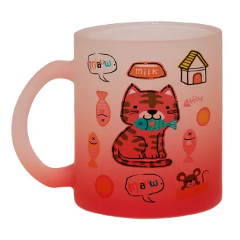 Cats and Fishes, Κούπα γυάλινη δίχρωμη με βάση το κόκκινο ματ, 330ml