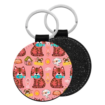 Cats and Fishes, Μπρελόκ Δερματίνη, στρογγυλό ΜΑΥΡΟ (5cm)