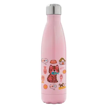 Cats and Fishes, Metal mug thermos Pink Iridiscent (Stainless steel), double wall, 500ml
