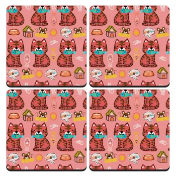 Cats and Fishes, ΣΕΤ 4 Σουβέρ ξύλινα τετράγωνα (9cm)