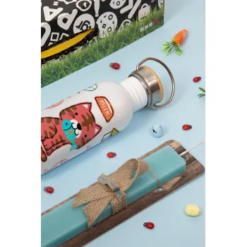 Cats and Fishes, Πασχαλινή Λαμπάδα με παγούρι μεταλλικό (620ml, stainless steel) & κερί αρωματικό πλακέ (30cm) (ΤΙΡΚΟΥΑΖ)