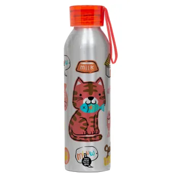 Cats and Fishes, Αλουμινένιο Αθλητικό Μπουκάλι 650ml – Ασημί με Κόκκινο Καπάκι και Λουράκι Σιλικόνης