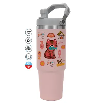 Cats and Fishes, Pink color, 890ml (30oz) stainless Steel Tumbler with Handle
