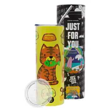 Cats and Fishes, Neon Yellow Travel Tumbler θερμό, μεταλλικό καλαμάκι(Ανωξείδωτο 304 Food grade, BPA free, 600ml)