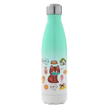 Cats and Fishes, Metal mug thermos Green/White (Stainless steel), double wall, 500ml