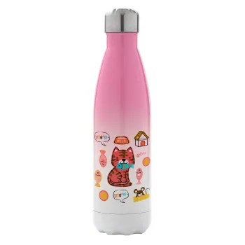 Cats and Fishes, Metal mug thermos Pink/White (Stainless steel), double wall, 500ml